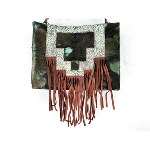 American Darling Bag Womens Green Brown Cowhide Leather Fringe Open Top Handbag
